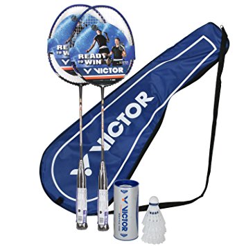 Victor V-3700 Magan Graphite 2 Player Set - 2 Racquets, 1 Bag & 3 Shuttlecocks - Black / Blue / White