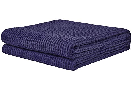 PHF Waffle Weave Blanket 100% Cotton Lightweight Twin Size Purplish-Navy