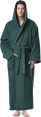 Arus Men's Hooded Classic Bathrobe Turkish Cotton Robe with Full Length Options