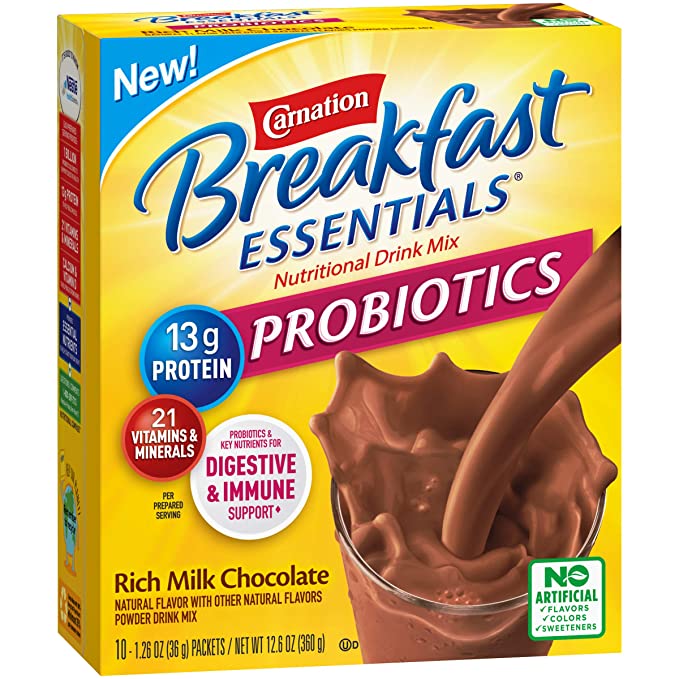 Carnation Breakfast Essentials Powder Drink Mix with Probiotics, Rich Milk Chocolate, 10 Count Box of 1.26 Ounce Packets (Pack of 6)