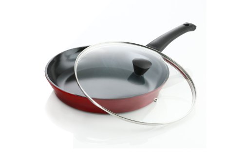 Flamekiss 12 Red Ceramic Coated Fry Pan by Amor Innovative and Elegant Design Nano Ceramic Coating w Silver Ion 100 PTFE and PFOA Free w Glass Lid