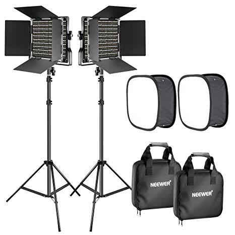 Neewer 2 Pieces Bi-color 660 LED Video Light with Stand and Softbox Kit: (2)3200-5600K CRI96  Dimmable Light with U Bracket and Barndoor (2)Light Stand (2)Softbox for Studio Photography Video Shooting