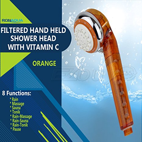 Filtered Hand Held Shower Head with Vitamin C by Ronaqua, Filter Removes Hard Water and Chlorine, prevents Dry Skin and Hair, 8 settings, Water Saving, Easy To install (Orange)