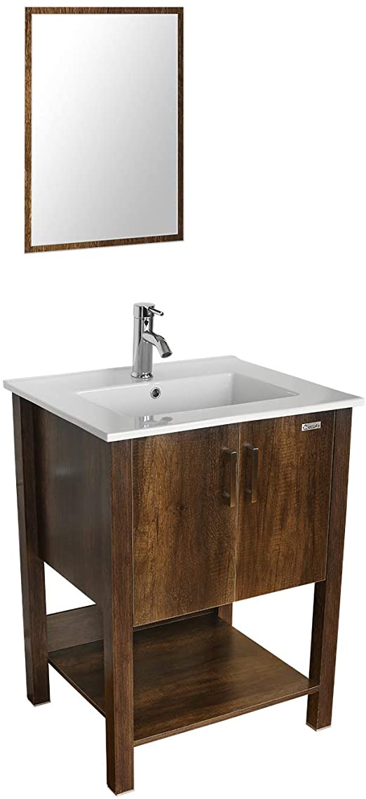 eclife 24" Bathroom Vanity Sink Combo W/Overflow White Drop in Ceramic Vessel Sink Top & Brown MDF Modern Bathroom Cabinet & Chrome Solid Brass Faucet & Pop Up Drain W/Mirror A08B12C