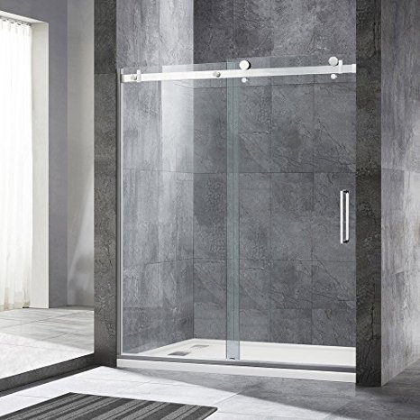 WoodBridge Deluxe Frameless Sliding Shower Door, Clear Tempered Glass, Brushed Nickel Stainless Steel Finish, 60" x 76" WxH, MSDF6076-B