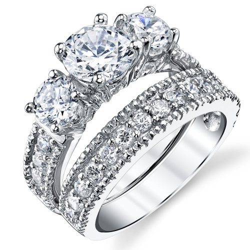 Sterling Silver Past Present Future 2-Pc Bridal Set Engagement Wedding Ring Band W/Cubic Zirconia CZ