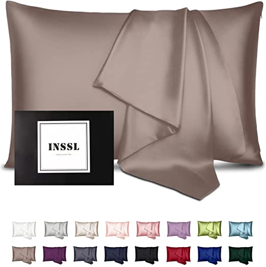 INSSL Mulberry Silk Pillowcase for Hair and Skin Health, Natural Silk Pillow Cover with Hidden Zipper Both Side Silk1 pcs (Light Coffee, King 20"x 36")