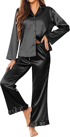 Ekouaer Silk Satin Pajamas Set Womens Long Sleepwear Button Down 2 Piece Classic Soft Loungewear Pjs Set