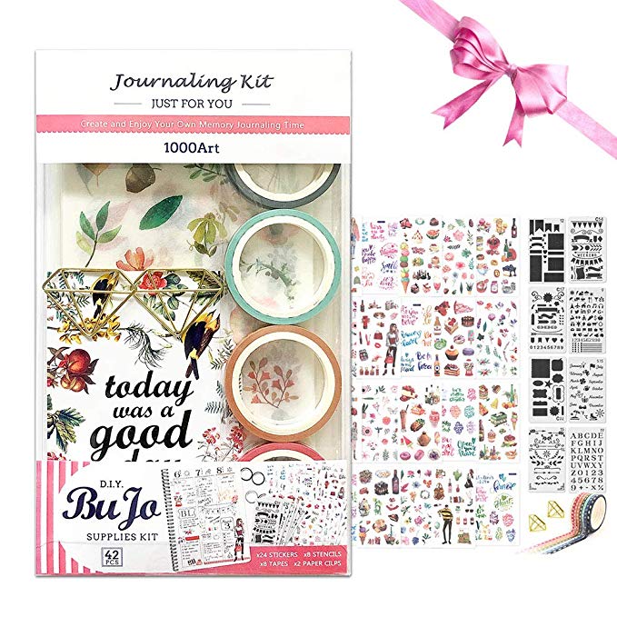 1000Art Planner Stickers and Accessories(42 PCS) Bujo Supplies Set Include Journal Stickers,Stencils,Washi Tapes and Paper Clips