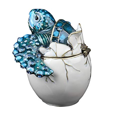 Waltz&F Trinket Box Collectible Turtle Figurines Hatching Baby Turtle from an Egg Metal Jewelry Box Hatching Egg