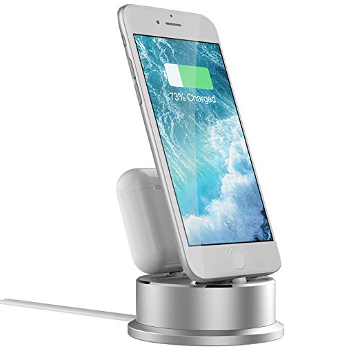 2 in 1 for Airpods Charging Dock - Aluminum iPhone Charger Stand Holder Station for Airpods with Case and iPhone X / 8/8 Plus / 7/7 Plus / 6 Plus/iPad Mini iPod Touch with Case -Silver