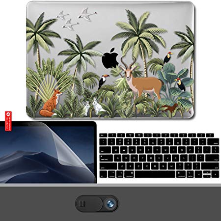 GMYLE MacBook Air 13 Inch Case 2018 Release A1932 with Touch ID Retina Display Bundle, Plastic Hard Shell, Privacy Webcam Cover Slide, Screen Protector and Keyboard Cover - Animals Jungle Party