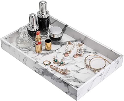 Hipiwe Desktop Organizer Tray - Faux Leather Vanity Tray Dresser Perfume Tray Cosmetics Storage Tray Home Decorative Catchall Tray for Bath Bathroom, Marbling White