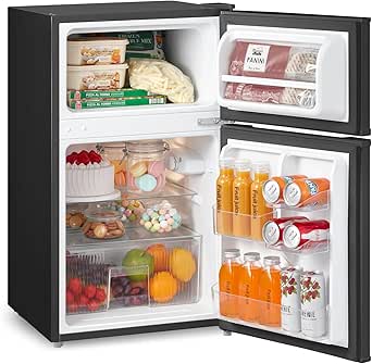 COMFEE' RCT87BL2(E) Under Counter Fridge Freezer, 87L Double Door Small Fridge Freezer with Light, Removable Shelves, Adjustable Thermostats, Reversible Doors Black