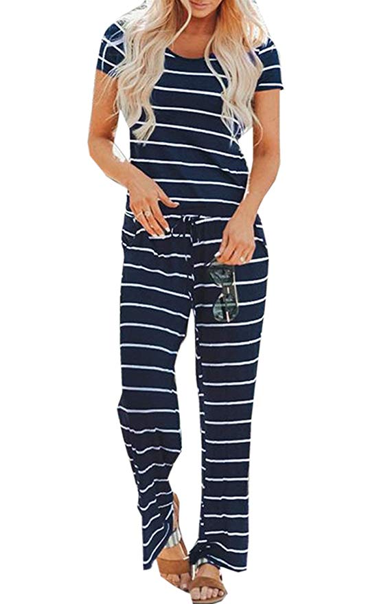 Angashion Women's Jumpsuits - Short Sleeves Round Neck Striped Wide Long Pants Romper with Pockets