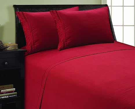 Elegant Comfort 1800 Thread Count 3 line Egyptian Quality Luxurious Silky Soft Wrinkle & Fade Resistant 4 pc Sheet Set, Deep Pocket Up to 16", Queen, Burgundy