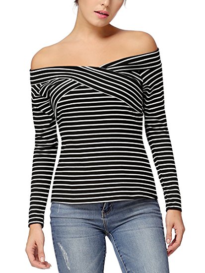 Mixfeer Women's Off Shoulder Casual Top With Long Sleeves Striped Criss Cross