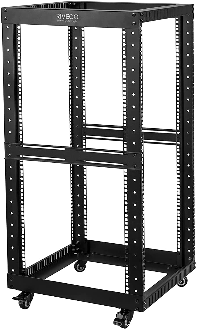 RIVECO 22U Open Frame Server Rack with Wheels- Heavy Duty 4 Post Quick Assembly 19-inch, Stereo Rack Network Shelf Black