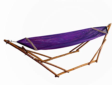 Bamboo Hammock Stand with Hammock by Bamboozations - New Models and Colors (Medium (9ft), Purple Polyester)