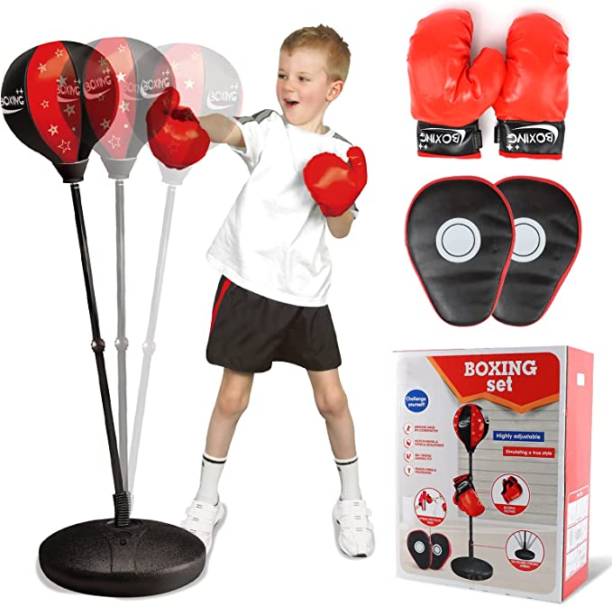 Punching Bag for Kids, Adjustable Stand Boxing Bag Toy with Boxing Gloves & Focus Pads, Gift for 3 4 5 6 7 8 Years Old Boys Girls