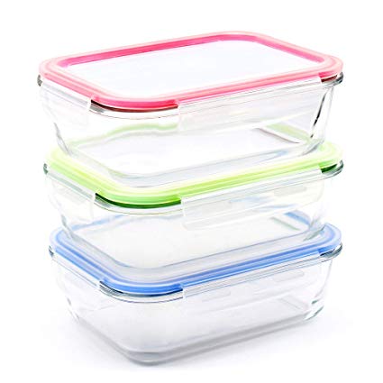 RENPHO [3-Pack, 36oz] Glass Meal Prep Containers - Glass Bento Box Divided Food Storage Containers with Airtight Lids Lunch Glass Containers - Microwave,Oven,Freezer,Dishwasher Safe