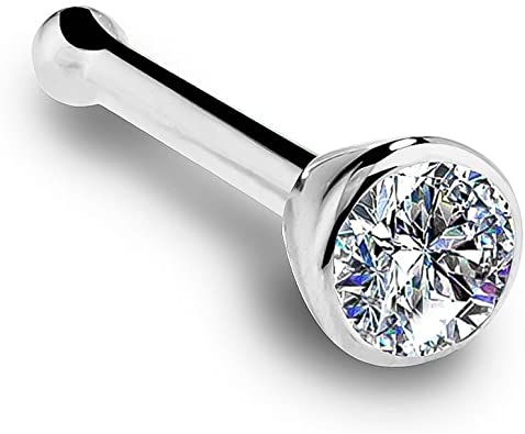 FreshTrends 14K White Gold Diamond Nose Ring with Flush Bezel Setting - 20 Gauge, I1