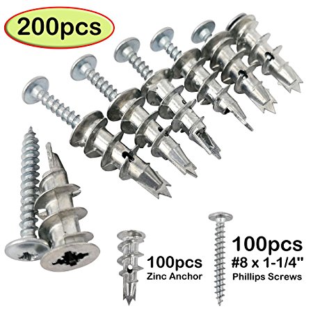 Ansoon Zinc Self Drilling Drywall Hollow-Wall Anchors with Screws Kit, 200 Pieces All Together