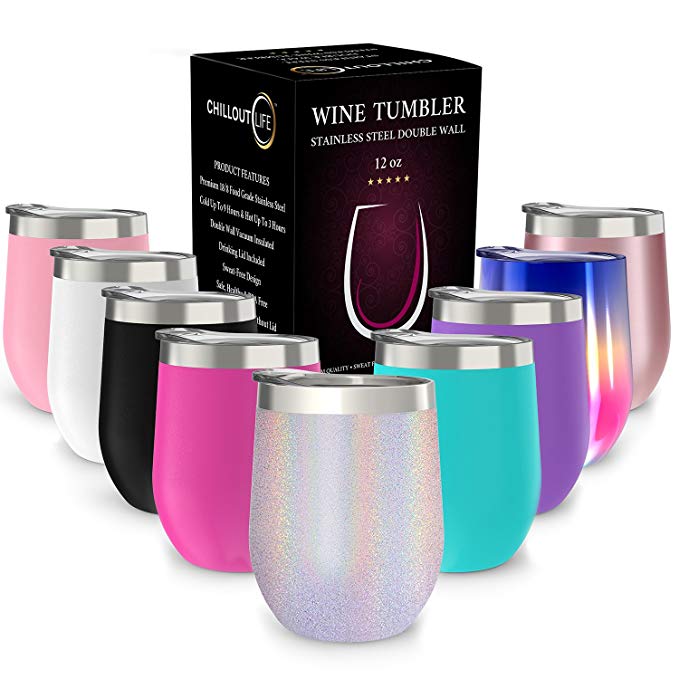 CHILLOUT LIFE Stainless Steel Stemless Wine Glass Tumbler with Lid, 12 oz | Double Wall Vacuum Insulated Travel Tumbler Cup for Coffee, Wine, Cocktails, Ice Cream - Sparkle Holographic Wine Tumbler