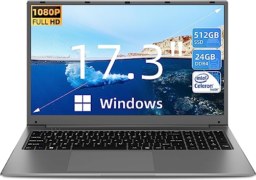 SGIN 17 Inch Windows 11 Laptop, 24GB RAM 512GB SSD Laptops Computer with Intel Celeron Quad Core Processor(Up to 2.9 GHz), IPS Display, Mini HDMI, Webcam, Dual Wi-Fi,Bluetooth, 512GB Expansion