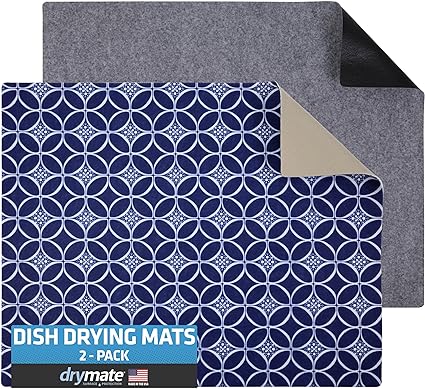 Drymate XL Dish Drying Mat, Oversized (19”x24”)(2-Pack), Low-Profile, Super Absorbent, Quick Dry Fabric, Waterproof & Slip-Resistant, for Kitchen Counter, Trimmable, Easy to Clean (USA Made)
