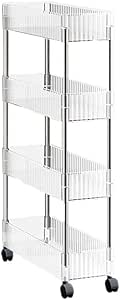 4-Tier Floor Standing Clear Acrylic Rolling Utility Cart, Slim Vanity Organizer Shelf with Wheels, Space Saving Assemble Mobile Shelving Unit for Bathroom Laundry Pantry Kitchen