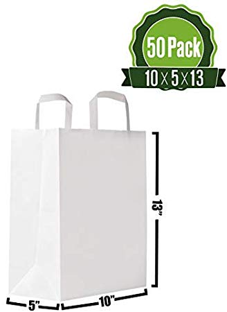 10 X 5 X 13 White Kraft Paper Gift Bags Bulk with Handles [50 Bags] Ideal for Shopping, Packaging, Retail, Party, Craft, Gifts, Wedding, Recycled, Business, Goody and Merchandise Bag