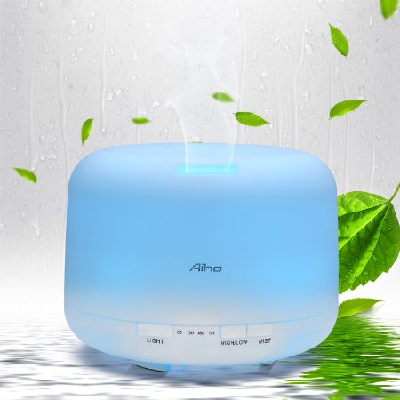 Aiho Aromatherapy Air Humidifier 500ml Ultrasonic Essential Oil Diffuser Cool Mist Whisper Quiet Waterless Auto Shutoff 4 Timer Set and 7 Color LED Lamps Bright and DimSurprise Present for Festivals