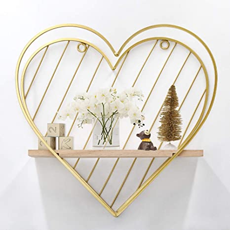 Afuly Wood Floating Shelves Gold Metal Heart Hanging Shelf Wall Mounted Cute Storage Shelves Unique Decoration for Bedroom Kitchen Bathroom …