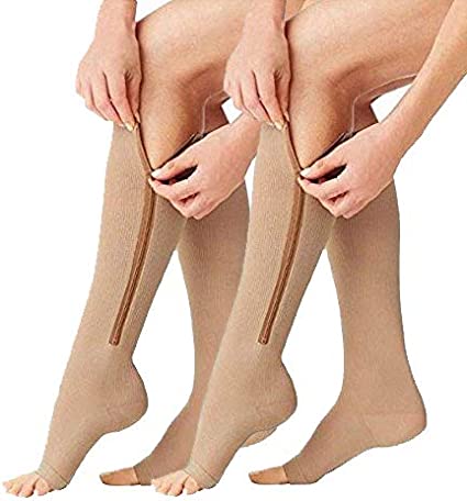 2 Pairs Compression Socks Toe Open Leg Support Stocking Knee High Socks with Zipper
