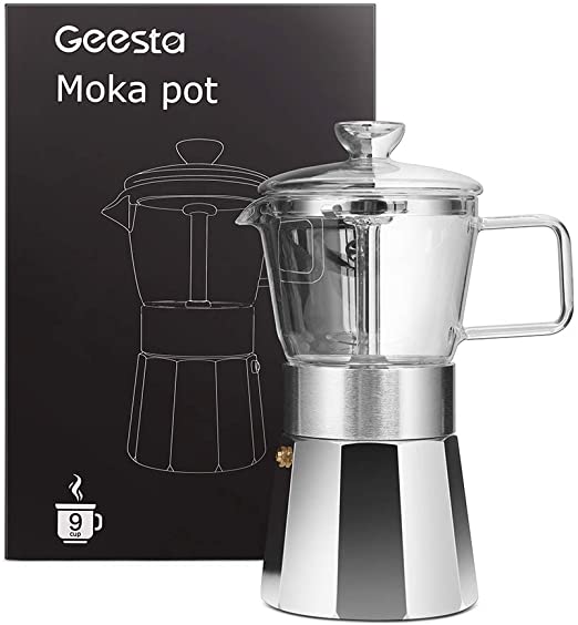 GEESTA Premium Crystal Glass-Top Stovetop Espresso Moka Pot - 9 Cup - Coffee Maker
