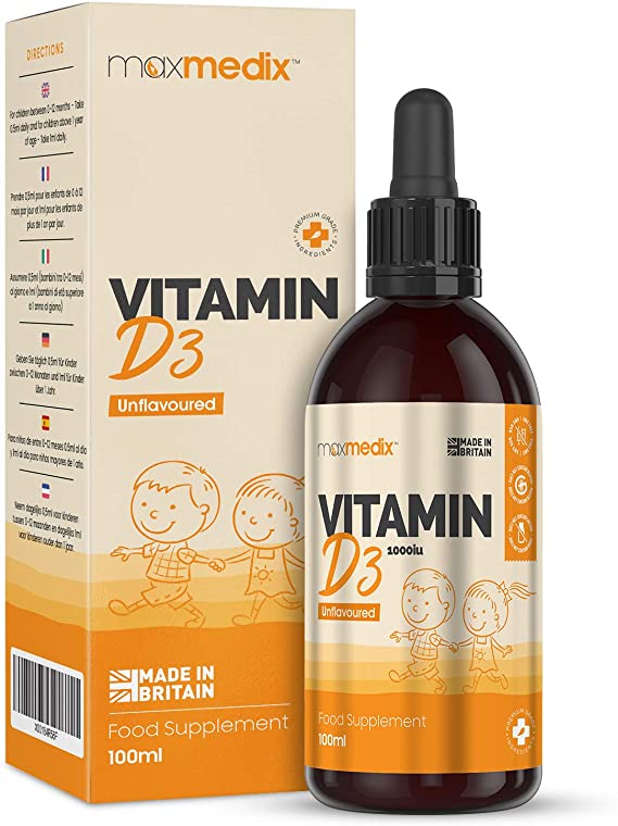 Vitamin D for Kids 1000iu - 100ml Drops (200 Servings) Liquid Kids Vitamin D Drops, Immune Support Supplement, Calcium Supplement for Strong Bones, Joints & Growth, Vegetarian Chemical Free Liquid