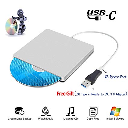 Xglysmyc Type-C External CD/DVD - RM Drive External USB-C Superdrive External DVD/CD-RW Burner Writer Player for Latest Mac Pro/ASUS/DELL Laptop and so on with Type-C Port Plug and Play(Silver)