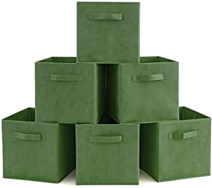 EZOWare Set of 6 Foldable Cube Storage Box, Organiser Basket Containers with Handles, for Home Office Nursery Organisation, 26.7 x 26.7 x 27.8 cm - Kale Green