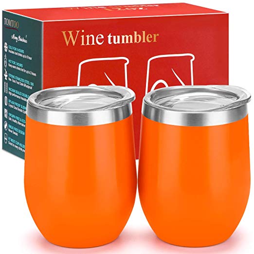 TOMTOO Wine Tumbler With Lid - 12 oz Double Wall Vacuum Insulated Travel Tumbler Cup - 2 Pack Wine Glasses Perfect Father's Day Gifts (12 oz, V-Orange 2 pack)