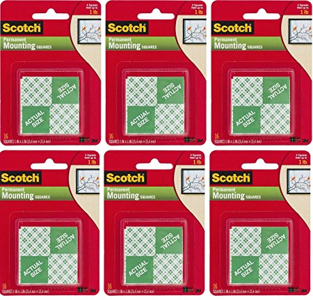 3M Scotch Precut Foam Mounting Squares Heavy Duty, 1 Inch, 16 Count (Pack of 6) Total 96 Squares