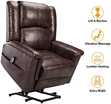 Esright Power Lift Chair Electric Recliner for Elderly Faux Leather Heated Vibration Massage with Remote Control, Brown