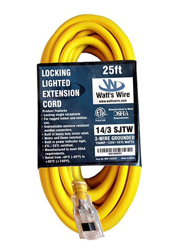 25ft 14 Gauge Heavy Duty Indoor/Outdoor SJTW Lighted Locking Extension Cord by Watt's Wire - 25' 14/3 Rugged Lighted Grounded Power Cord - 14AWG 125Vac 15Amp 1875Watt