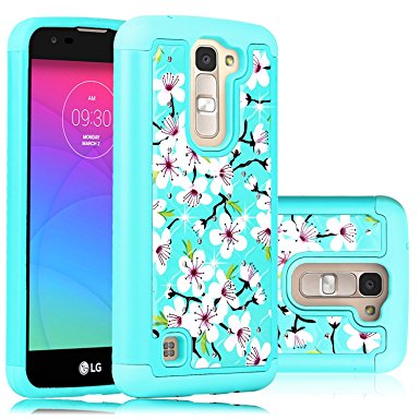 LG Tribute 5 Case, LG K7 Case, Venoro Flower Pattern Diamond Studded Bling Crystal Rhinestone Dual Layer Hybrid Cover Silicone Rubber Case for K7 / LG Tribute 5 / LG LS675 (Floral-Turquoise/Turquoise)