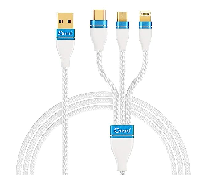 ONCRO® White 3 in 1 charging cable fast charging multi charging cable for car/home, 3 and max charger for android i-OS, support Micro USB, Type C, i-phone Nylon Braided (Not for DATA Transfer)