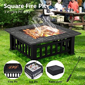 Popamazing Outdoor Fire Pit With Cover Backyard Heater Patio Garden Metal Brazier Square Stove