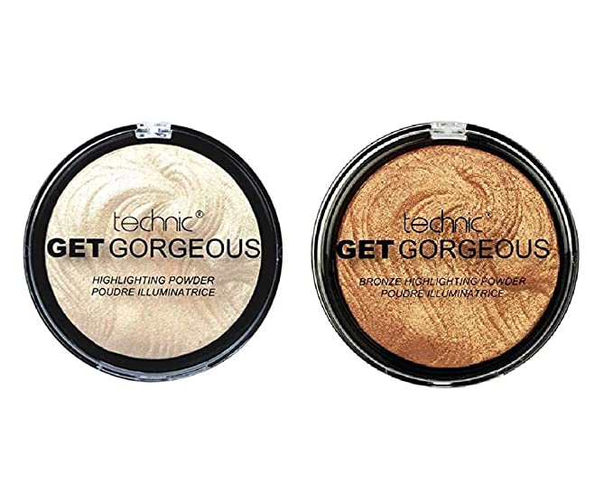 Technic Get Gorgeous Highlighter Powder Shimmer Compact Highlighting Shimmering Powder Original and 24ct Gold 2 pack
