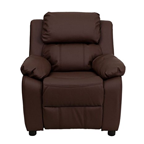 Flash Furniture BT-7985-KID- BRN-LEA-GG Deluxe Heavily Padded Contemporary Brown Leather Kids Recliner with Storage Arms