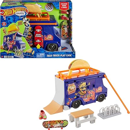 Hot Wheels Skate Portable Skatepark, Taco Truck Play Case with 1 Exclusive Fingerboard, 1 Pair Removable Skate Shoes and Storage, Travel Toys, Medium