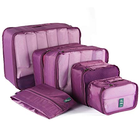 6 Set Packing Cubes-Large Capacity Travel Luggage Organizers with Shoe Bag-Purple